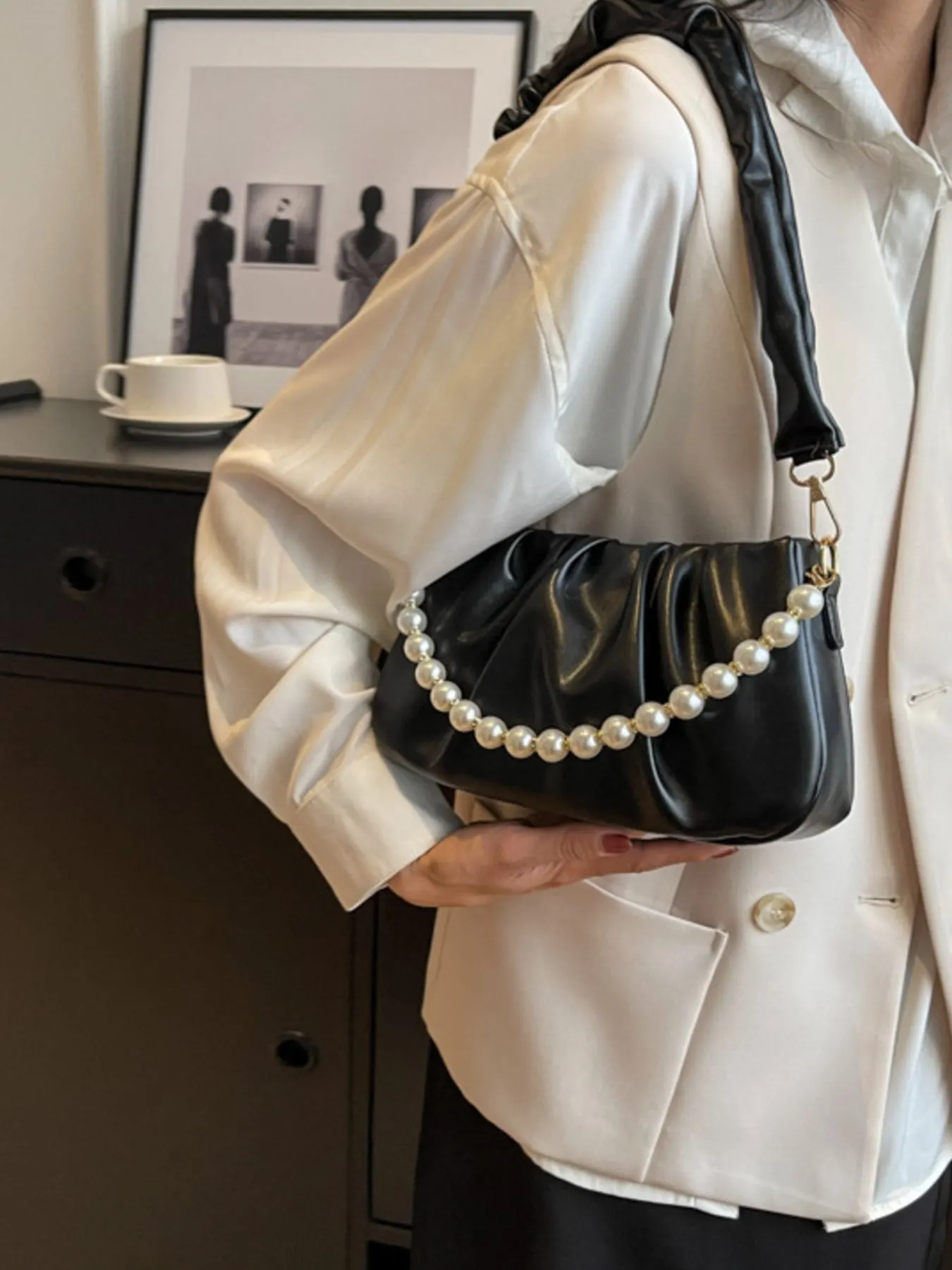 Ruched Shoulder Bag with Pearl Embellishment